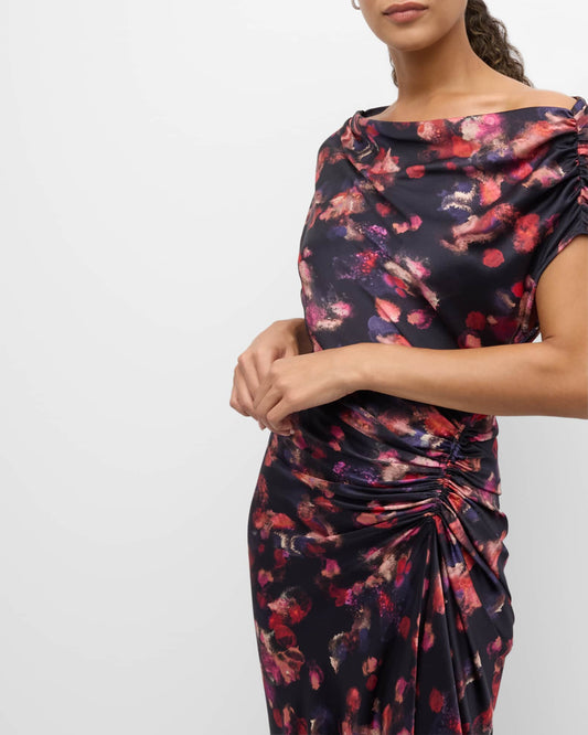 < img src="model.jpg" alt=Draped Flower Poppy dress off shoulder Maxi Dress
