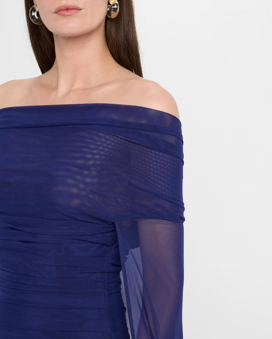 < img src="model.jpg" alt= Off-The-Shoulder Ruched Mesh Cape Gown costume party dress