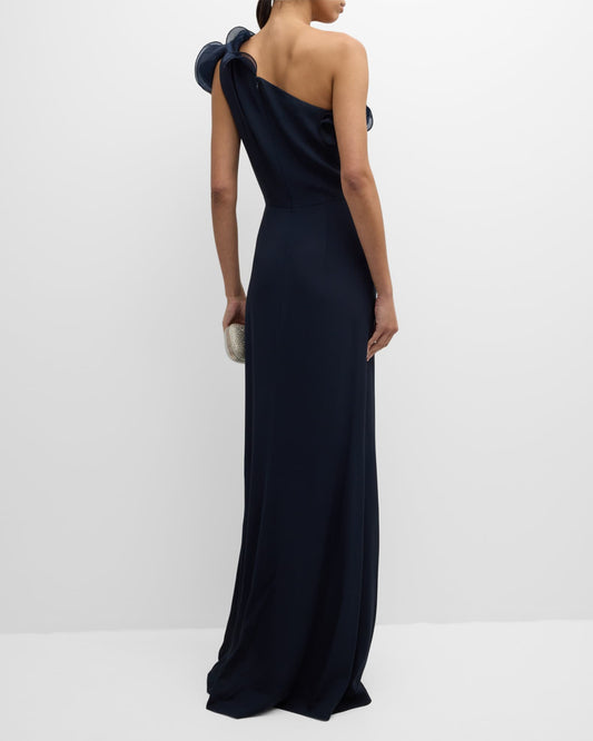 < img src="model.jpg" alt=One-Shoulder Ruffle Column Gown Party Dress
