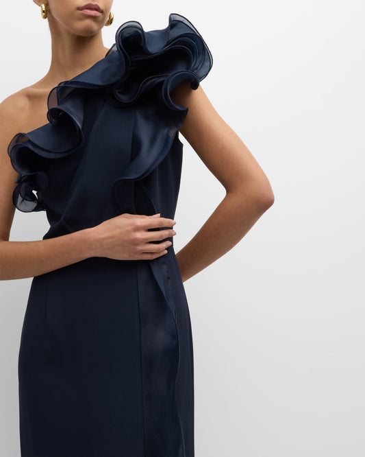 < img src="model.jpg" alt=One-Shoulder Ruffle Column Gown Party Dress