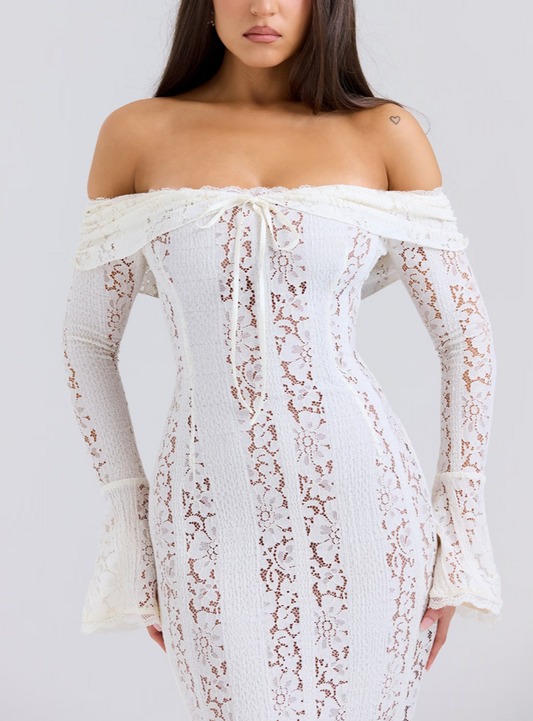 < img src="model.jpg" alt=Off-The-Shoulder Lace Maxi Dress